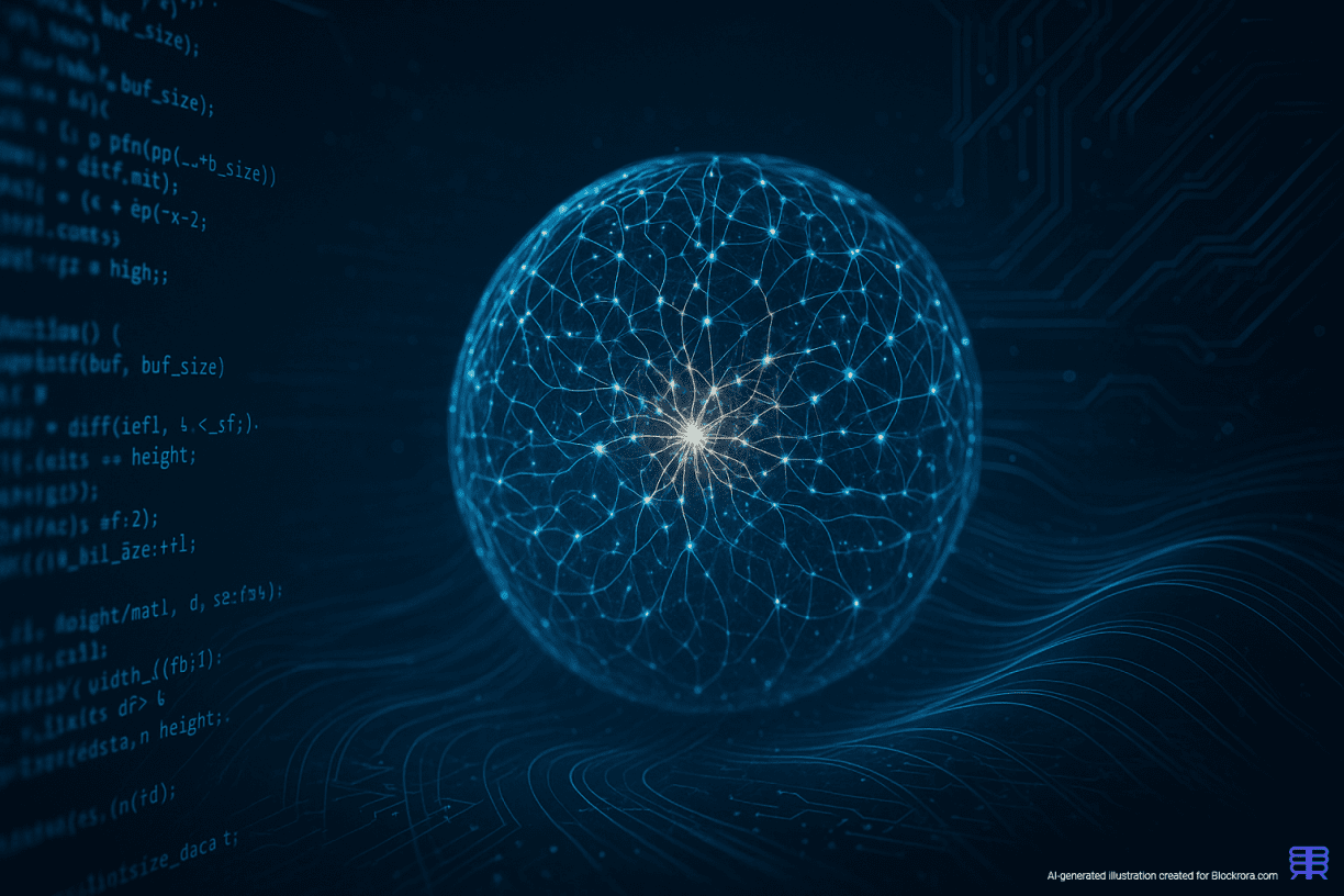 A 3D neural network sphere with flowing code and circuitry, representing Anthropic’s Opus 4.5 AI advancements in coding and long-context memory.