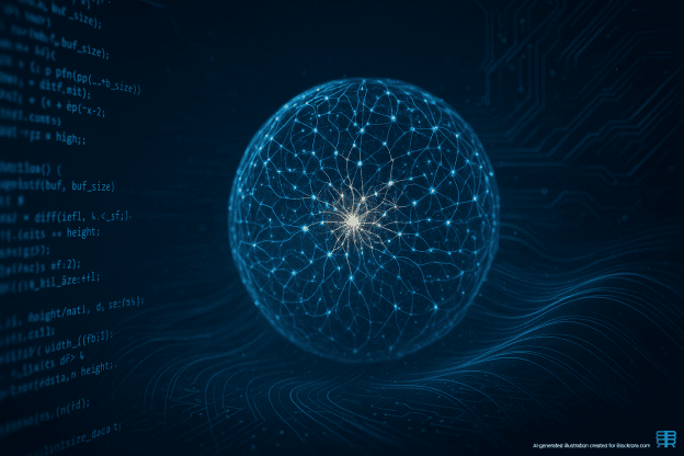 A 3D neural network sphere with flowing code and circuitry, representing Anthropic’s Opus 4.5 AI advancements in coding and long-context memory.