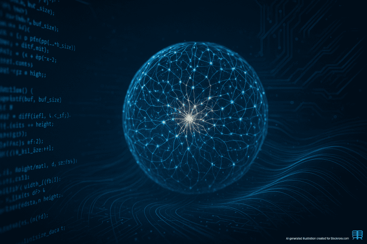 A 3D neural network sphere with flowing code and circuitry, representing Anthropic’s Opus 4.5 AI advancements in coding and long-context memory.