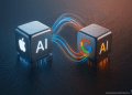 3D illustration of Apple and Google AI processors connected by flowing data lines, symbolizing Gemini integration powering the new Siri upgrade.