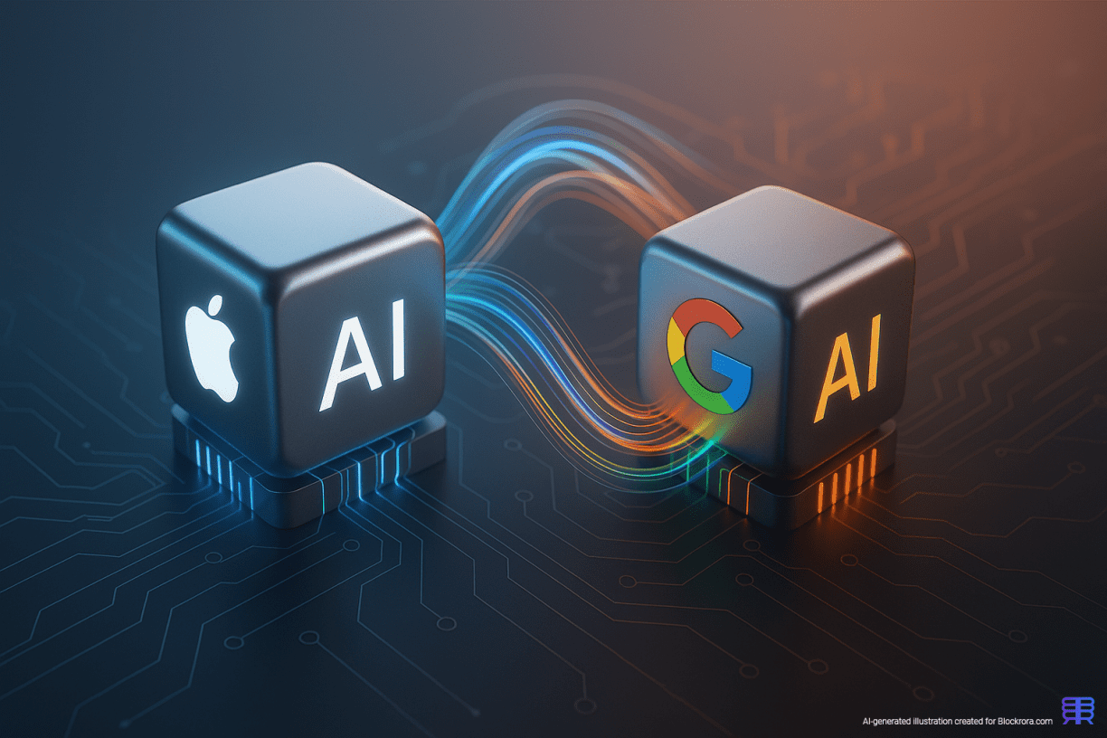 3D illustration of Apple and Google AI processors connected by flowing data lines, symbolizing Gemini integration powering the new Siri upgrade.