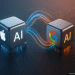 3D illustration of Apple and Google AI processors connected by flowing data lines, symbolizing Gemini integration powering the new Siri upgrade.