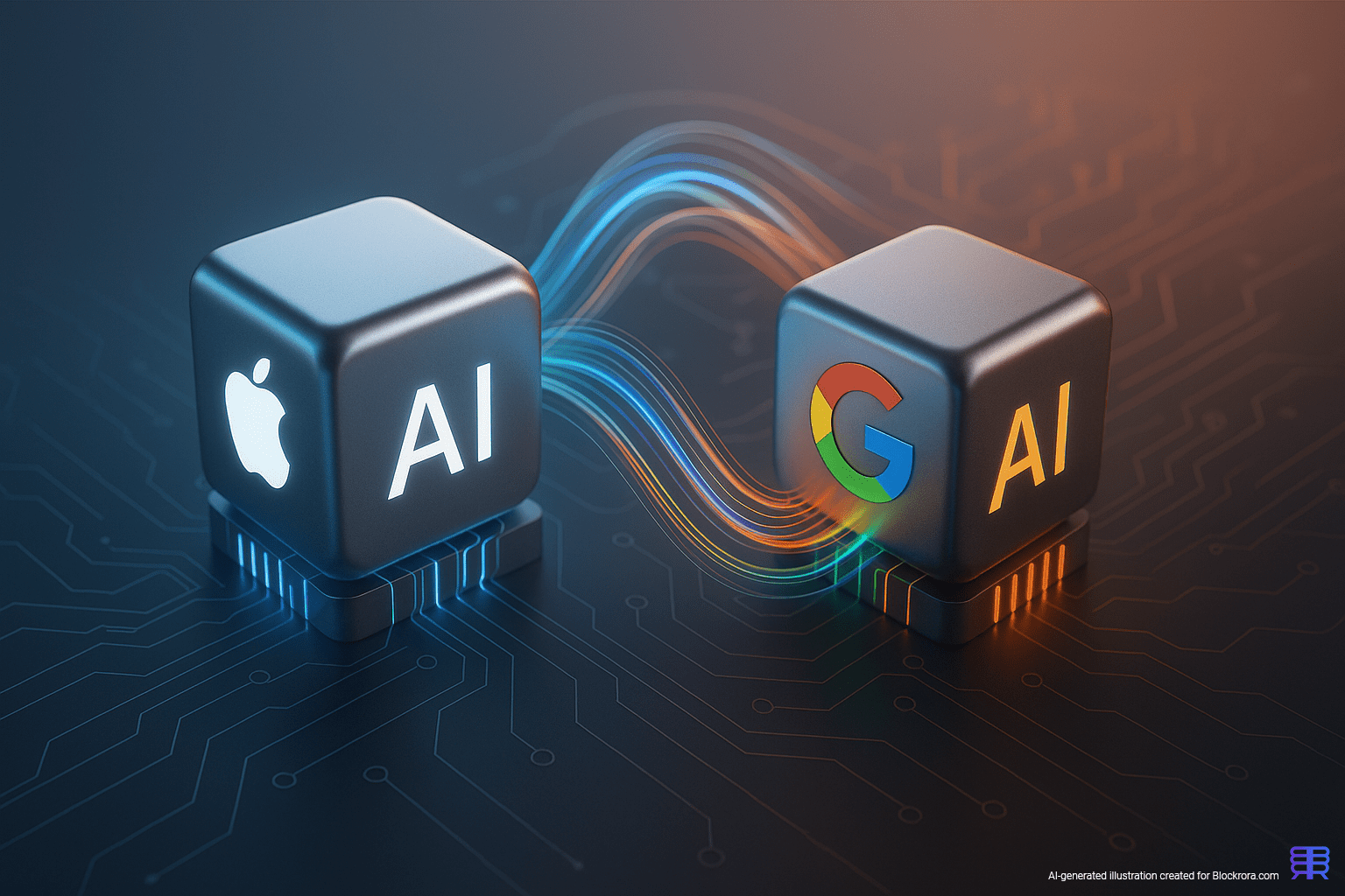 3D illustration of Apple and Google AI processors connected by flowing data lines, symbolizing Gemini integration powering the new Siri upgrade.
