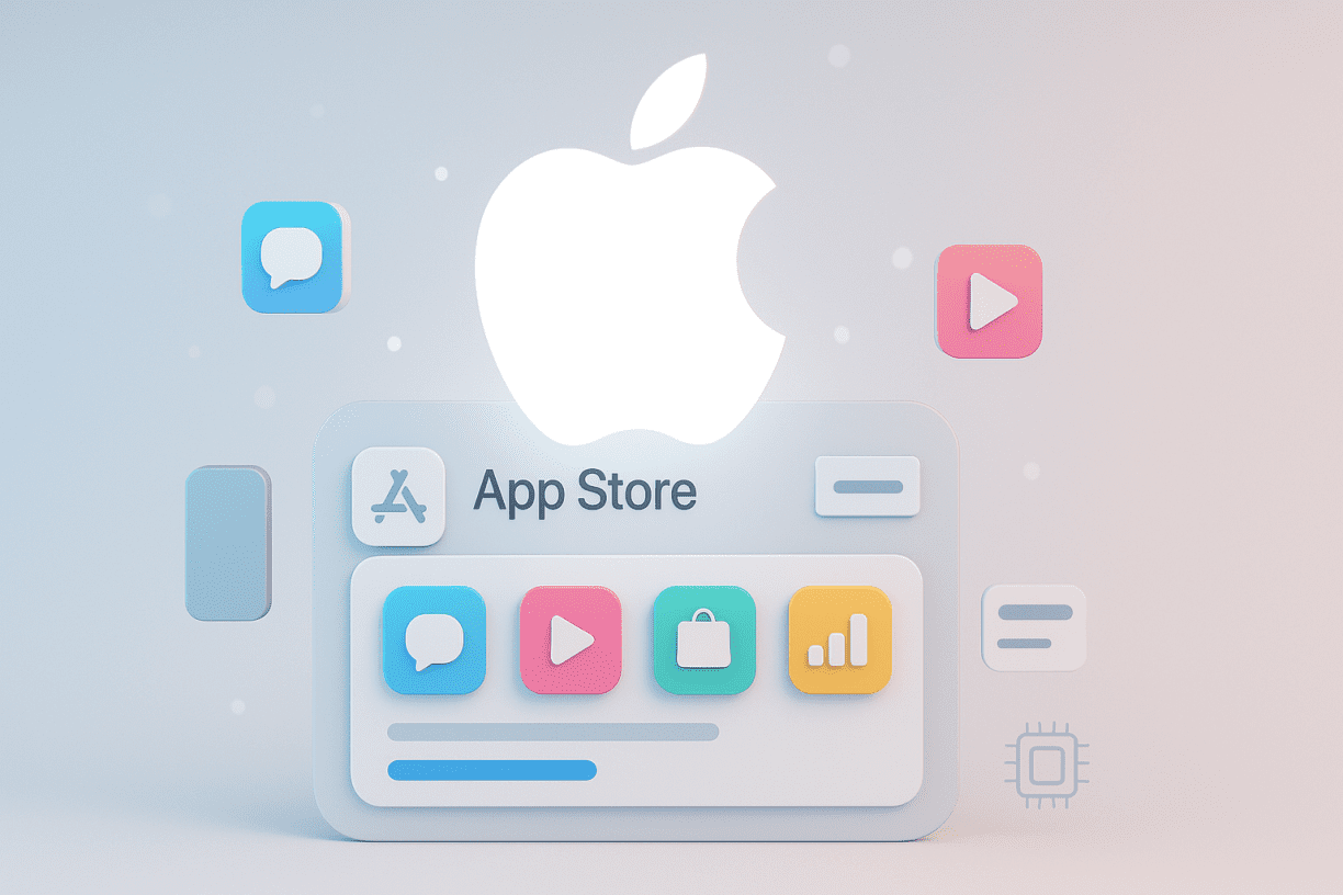 3D Apple logo above App Store interface with mini app icons representing Apple’s new Mini Apps Partner Program and reduced commission fees