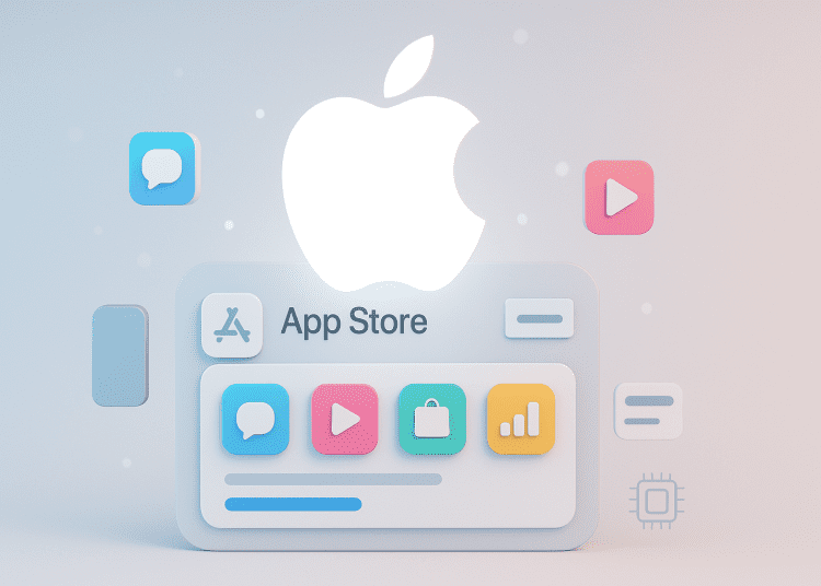 3D Apple logo above App Store interface with mini app icons representing Apple’s new Mini Apps Partner Program and reduced commission fees