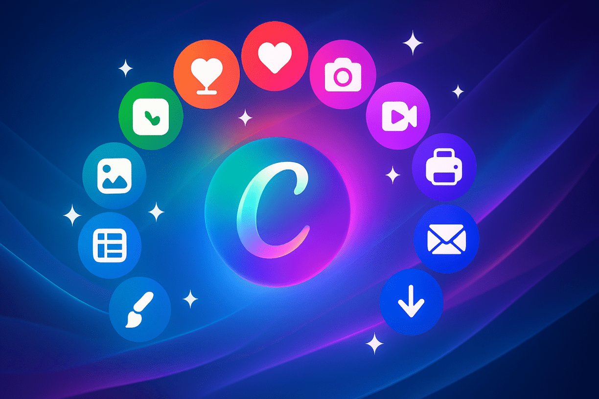 3D digital artwork inspired by Canva’s Creative Operating System, featuring a glowing “C” sphere surrounded by colorful design icons symbolizing AI-powered creativity and digital innovation.