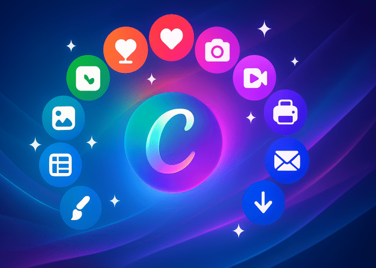 3D digital artwork inspired by Canva’s Creative Operating System, featuring a glowing “C” sphere surrounded by colorful design icons symbolizing AI-powered creativity and digital innovation.