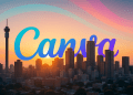 Johannesburg skyline at sunrise with Canva’s signature gradient colors layered softly above the cityscape, representing Canva’s expansion into South Africa.