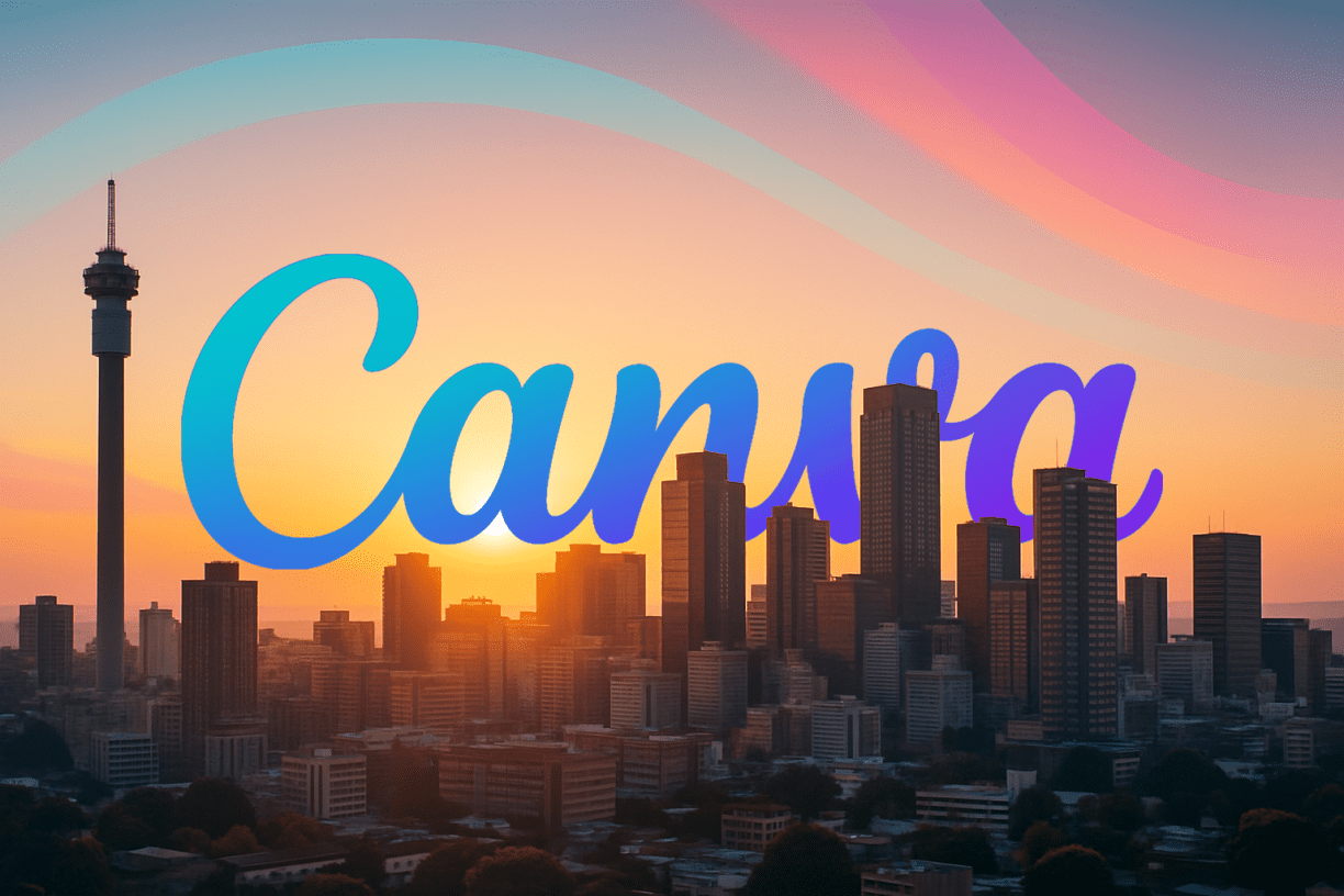 Johannesburg skyline at sunrise with Canva’s signature gradient colors layered softly above the cityscape, representing Canva’s expansion into South Africa.