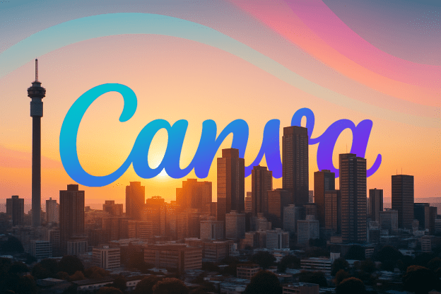 Johannesburg skyline at sunrise with Canva’s signature gradient colors layered softly above the cityscape, representing Canva’s expansion into South Africa.