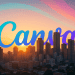 Johannesburg skyline at sunrise with Canva’s signature gradient colors layered softly above the cityscape, representing Canva’s expansion into South Africa.