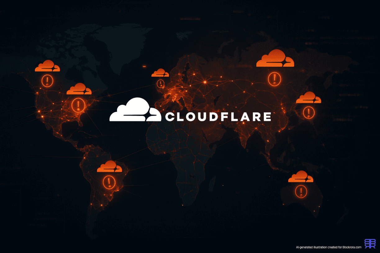 Global network map highlighting widespread internet disruption, with Cloudflare logo blended into the scene amid glowing outage indicators.