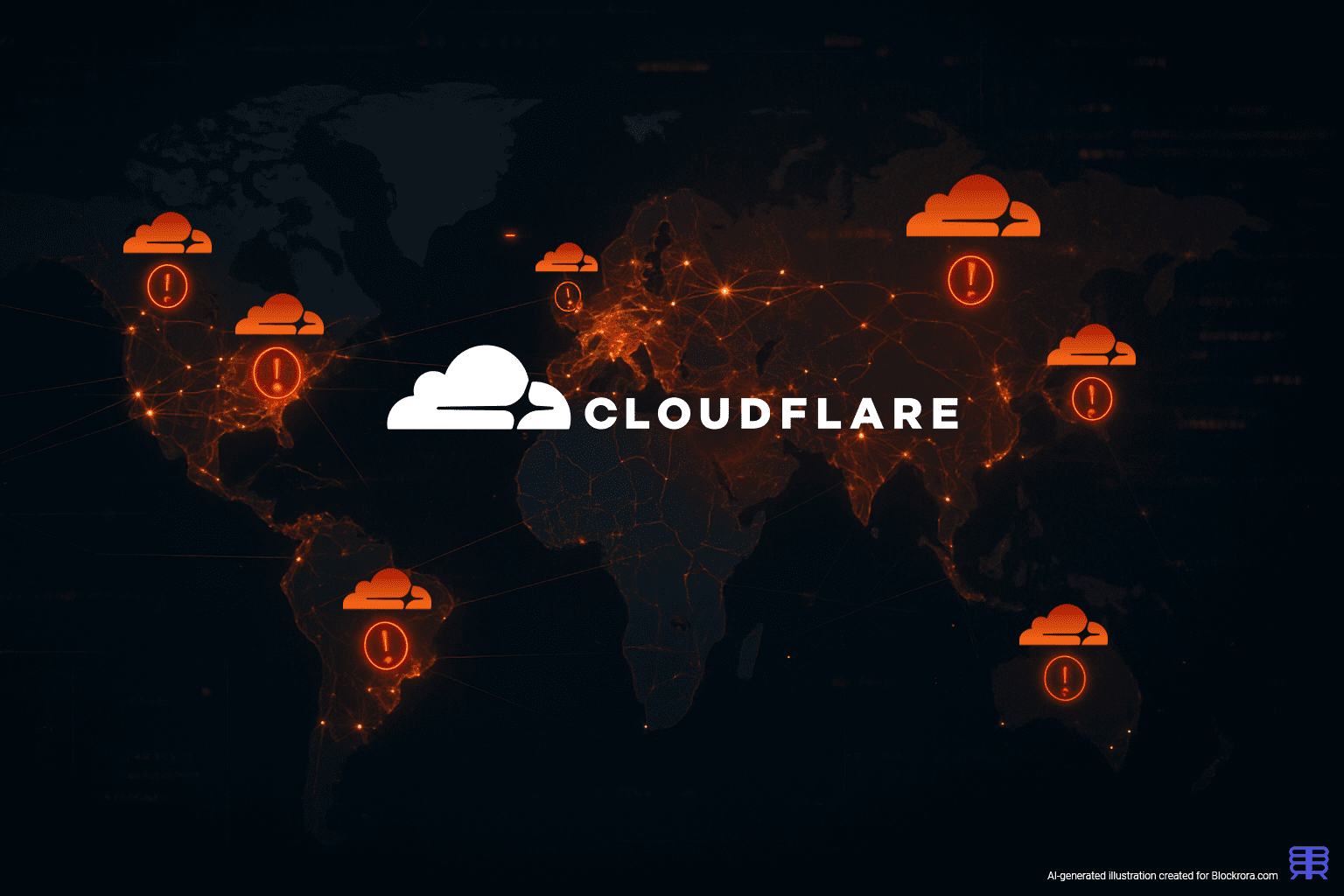 Global network map highlighting widespread internet disruption, with Cloudflare logo blended into the scene amid glowing outage indicators.