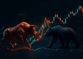 A 3D-rendered bull and bear face off over a glowing cryptocurrency trading chart, representing volatility, leverage, and market traps in crypto trading.