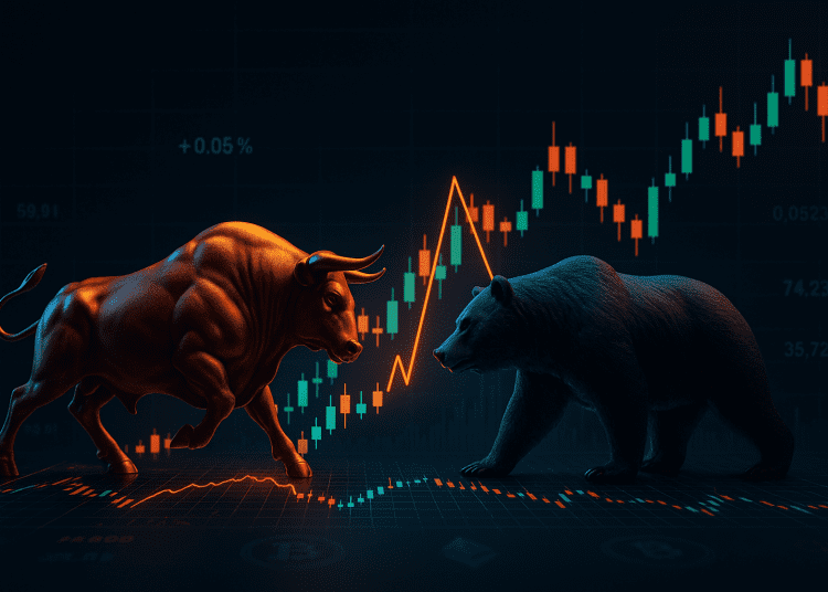 A 3D-rendered bull and bear face off over a glowing cryptocurrency trading chart, representing volatility, leverage, and market traps in crypto trading.