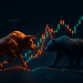 A 3D-rendered bull and bear face off over a glowing cryptocurrency trading chart, representing volatility, leverage, and market traps in crypto trading.