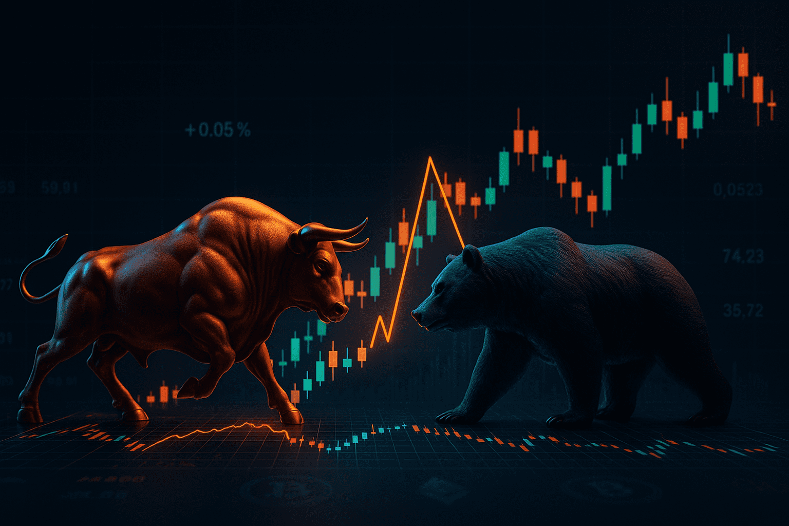A 3D-rendered bull and bear face off over a glowing cryptocurrency trading chart, representing volatility, leverage, and market traps in crypto trading.