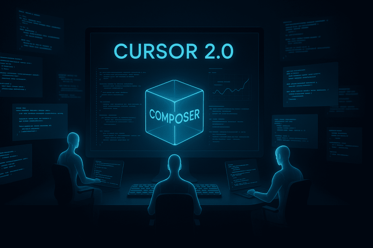 AI agents coding around a glowing Cursor 2.0 Composer interface in a futuristic neon-lit workspace