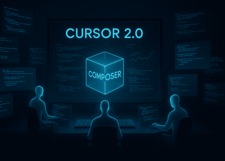 AI agents coding around a glowing Cursor 2.0 Composer interface in a futuristic neon-lit workspace