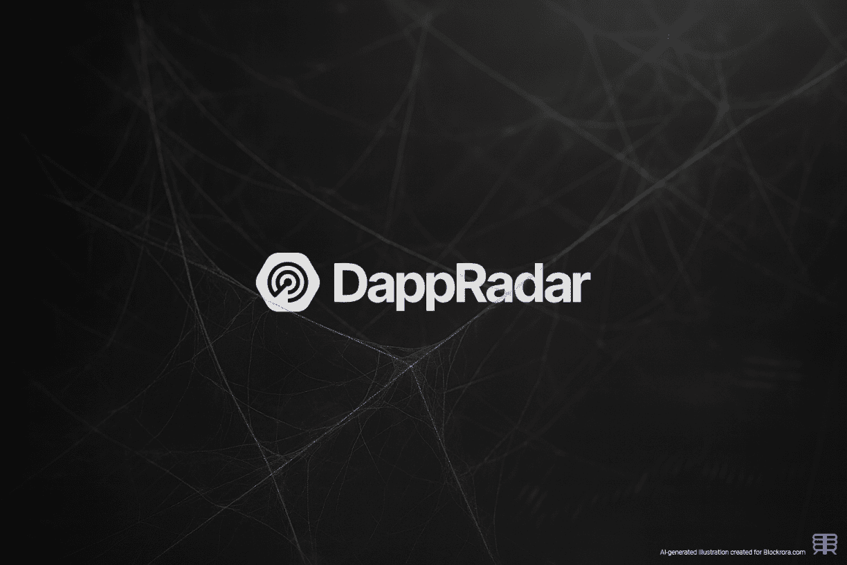 DappRadar logo fading over a dark, cobweb-like Web3 network background, symbolizing the platform’s shutdown.