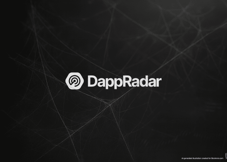 DappRadar logo fading over a dark, cobweb-like Web3 network background, symbolizing the platform’s shutdown.