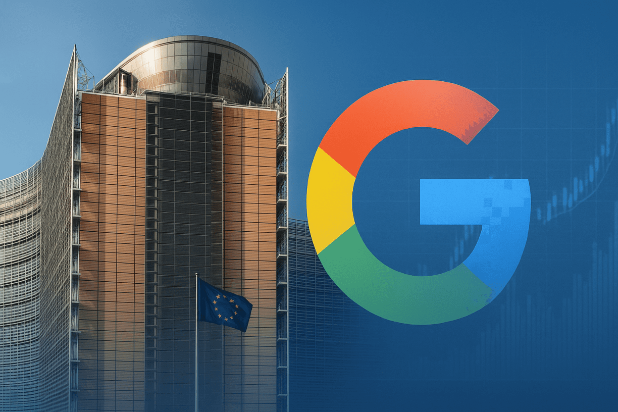 European Commission headquarters in Brussels with an EU flag and a digital-style Google logo, representing the EU’s antitrust probe into Google’s search ranking practices.