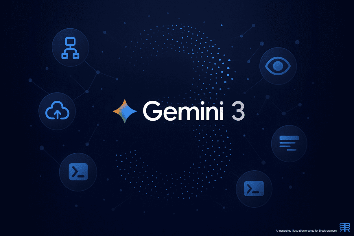 Gemini 3 logo with a dotted number three in the background, surrounded by agentic AI icons on a dark gradient backdrop.