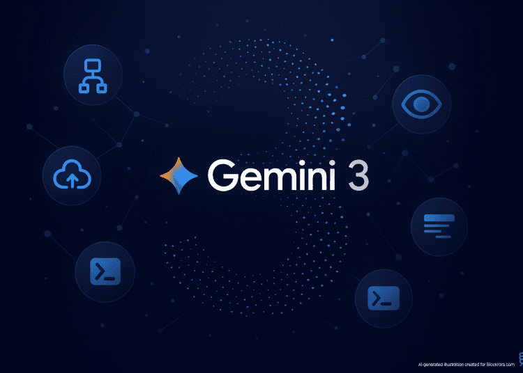Gemini 3 logo with a dotted number three in the background, surrounded by agentic AI icons on a dark gradient backdrop.