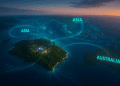Futuristic aerial view of Google’s AI data centre on Christmas Island, showing glowing digital network lines and subsea cable links between Australia and Asia.