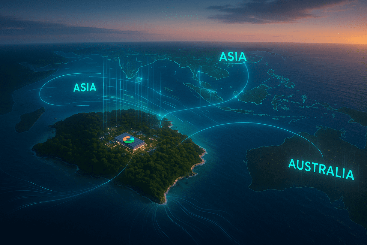 Futuristic aerial view of Google’s AI data centre on Christmas Island, showing glowing digital network lines and subsea cable links between Australia and Asia.