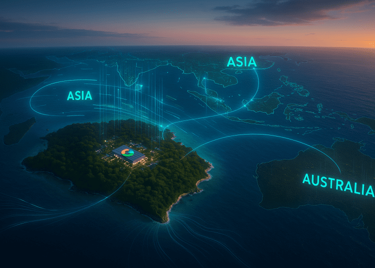Futuristic aerial view of Google’s AI data centre on Christmas Island, showing glowing digital network lines and subsea cable links between Australia and Asia.