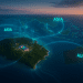 Futuristic aerial view of Google’s AI data centre on Christmas Island, showing glowing digital network lines and subsea cable links between Australia and Asia.
