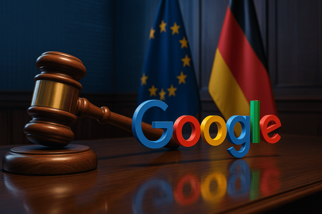 Gavel striking beside the Google logo in a German courtroom with EU and German flags, symbolizing the €572M antitrust ruling.