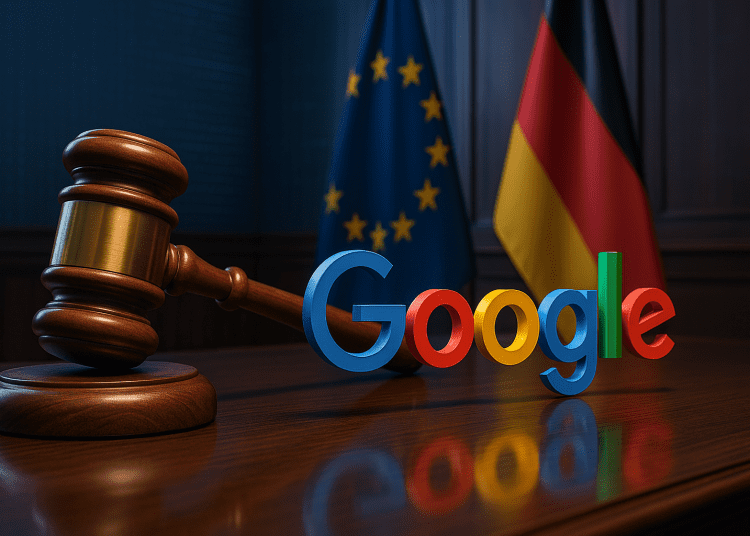 Gavel striking beside the Google logo in a German courtroom with EU and German flags, symbolizing the €572M antitrust ruling.