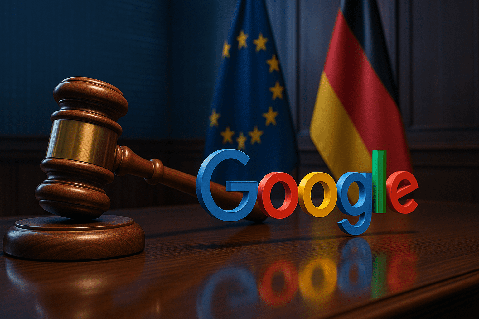 Gavel striking beside the Google logo in a German courtroom with EU and German flags, symbolizing the €572M antitrust ruling.