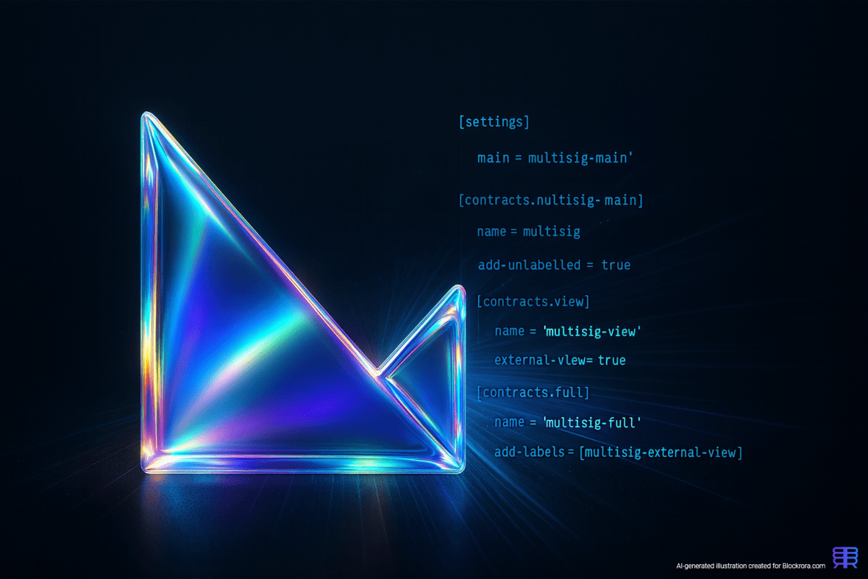 Abstract visualization of the Klever Virtual Machine (KVM) with Rust code compiling into a digital block structure on a dark background.