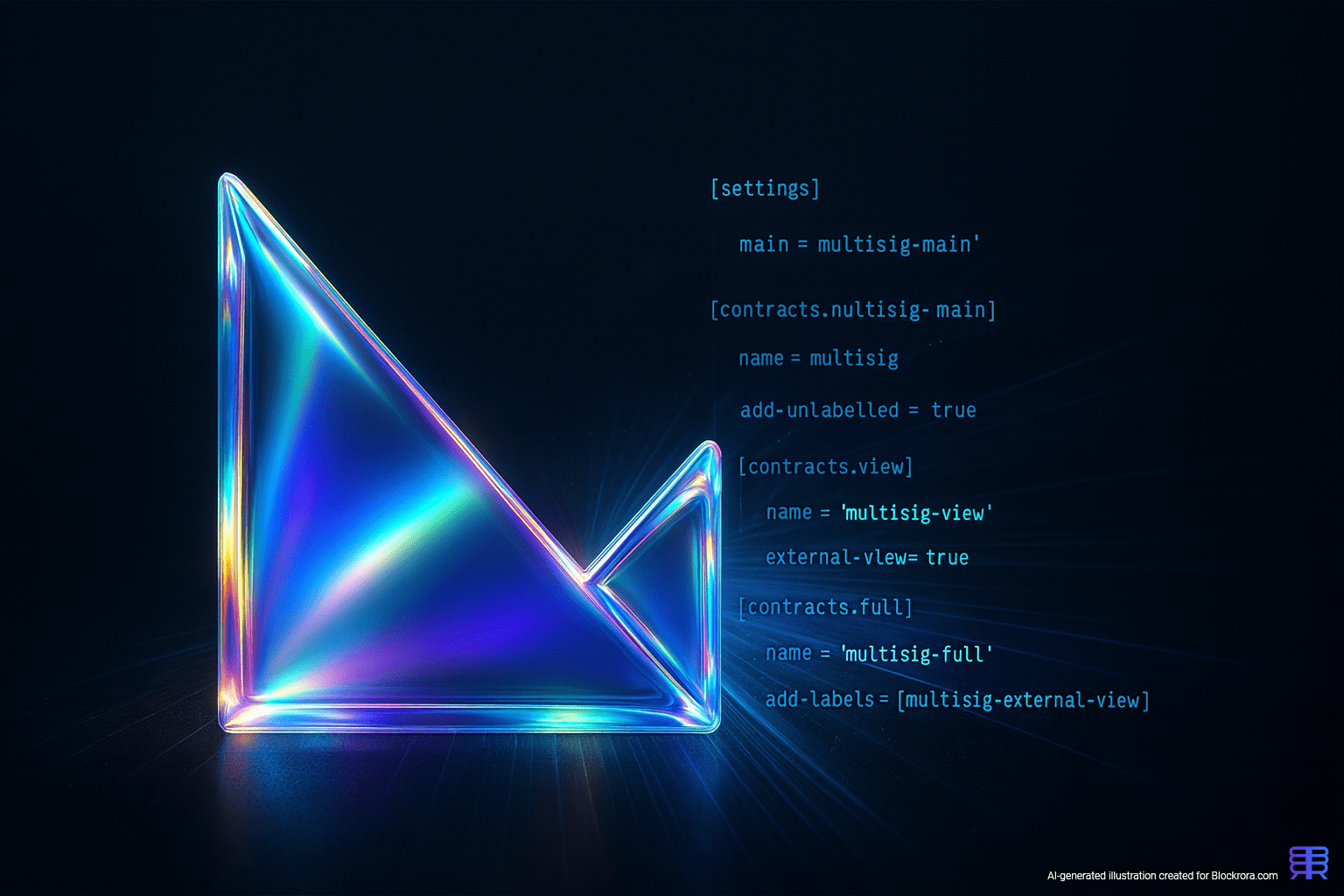 Abstract visualization of the Klever Virtual Machine (KVM) with Rust code compiling into a digital block structure on a dark background.