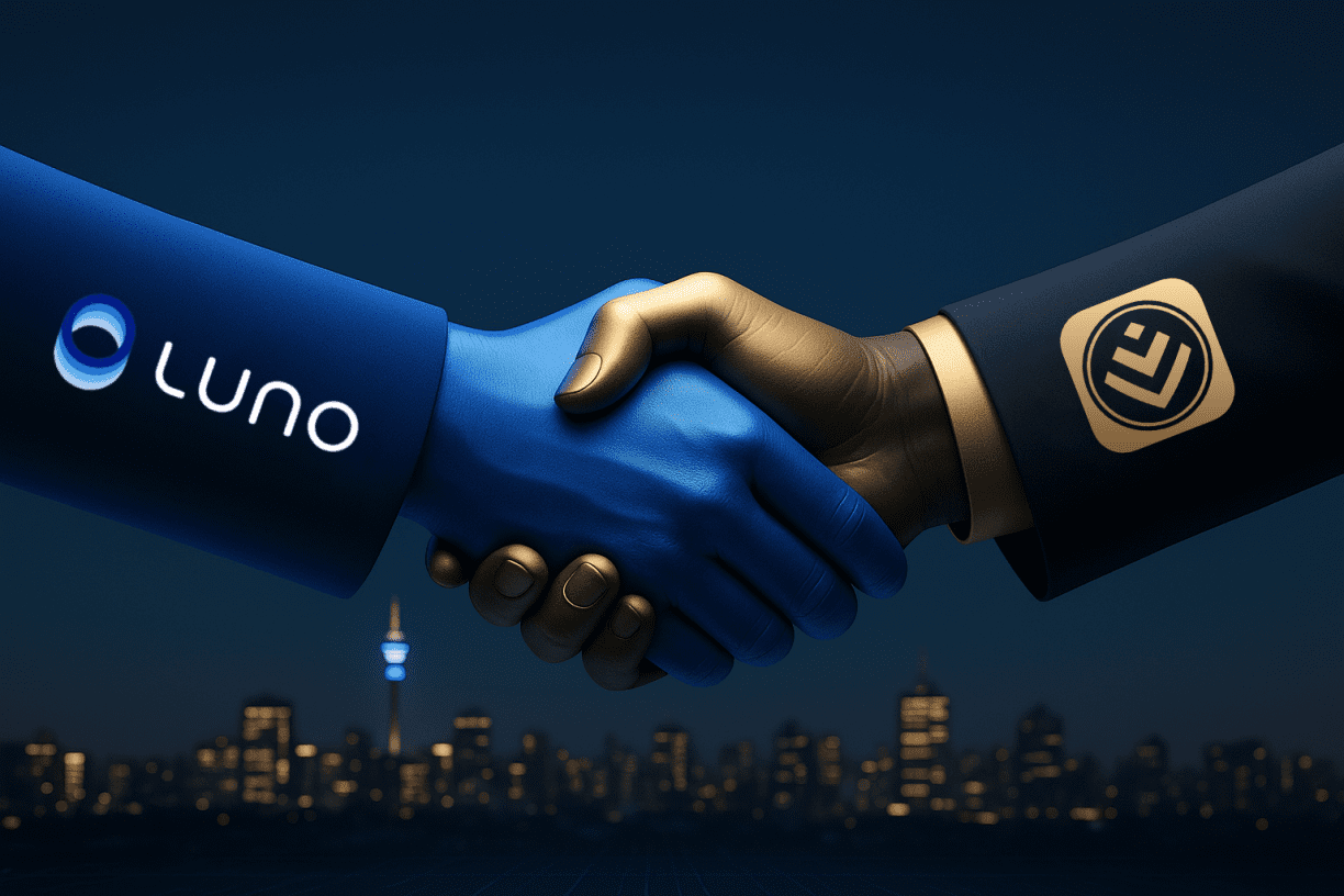 A 3D handshake between Luno and Discovery Bank, featuring the official Luno logo and Discovery Bank app icon on each sleeve, set against a clean Johannesburg night skyline.