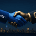 A 3D handshake between Luno and Discovery Bank, featuring the official Luno logo and Discovery Bank app icon on each sleeve, set against a clean Johannesburg night skyline.