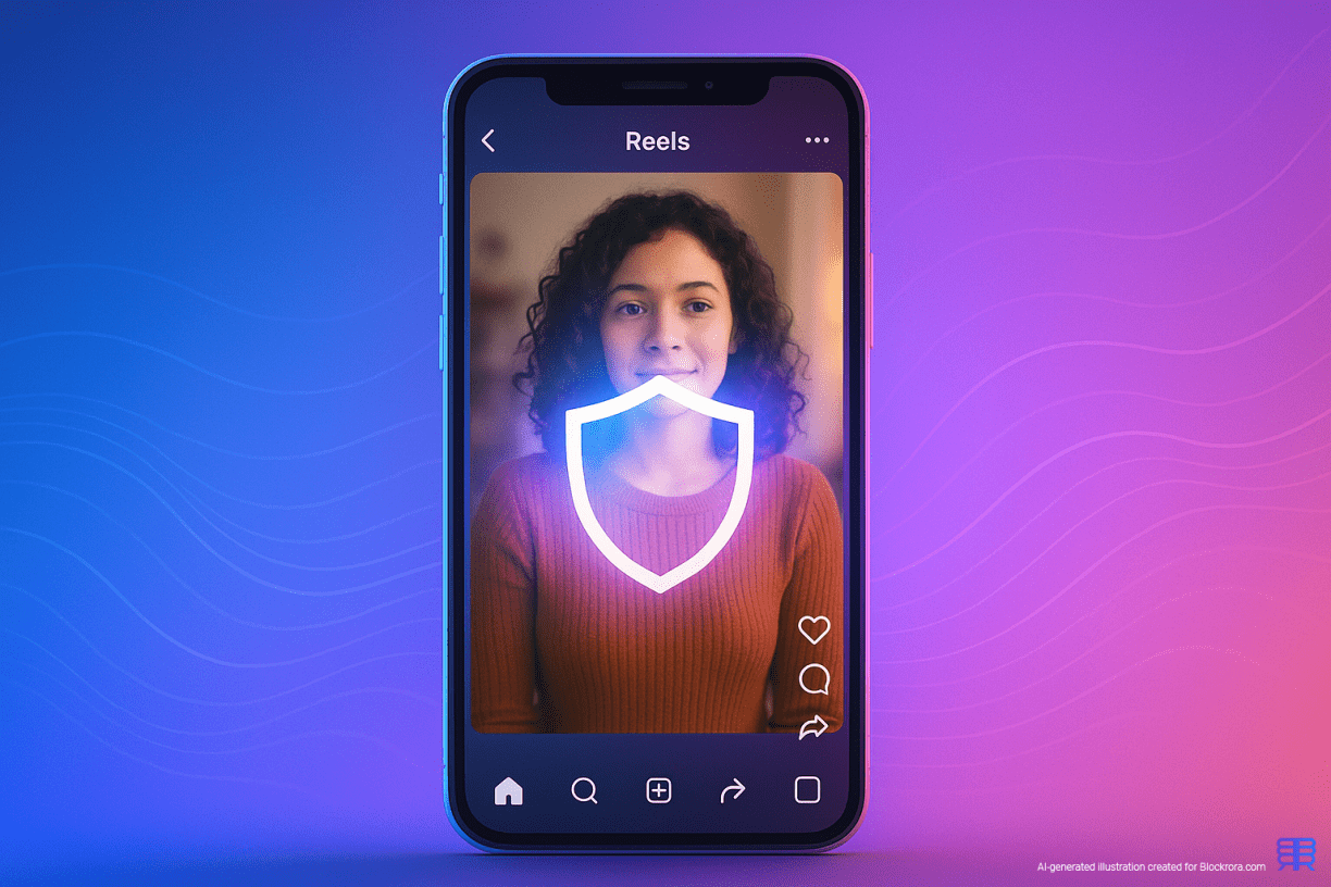 Smartphone showing a protected Reels video with a glowing shield icon, symbolizing Meta’s new Content Protection tool