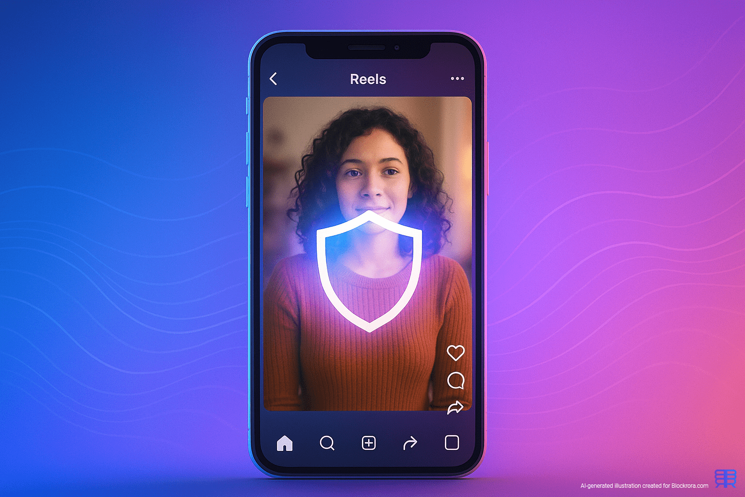 Smartphone showing a protected Reels video with a glowing shield icon, symbolizing Meta’s new Content Protection tool