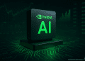 A 3D Nvidia-style AI processor glowing green on a digital circuit board with financial graphs in the background, symbolising market scrutiny and AI chip dominance.