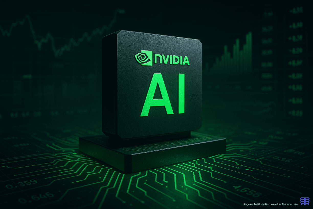 A 3D Nvidia-style AI processor glowing green on a digital circuit board with financial graphs in the background, symbolising market scrutiny and AI chip dominance.