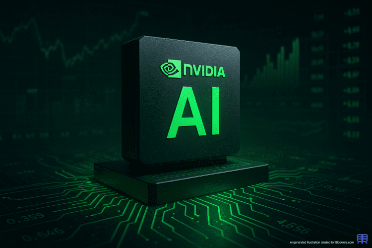 A 3D Nvidia-style AI processor glowing green on a digital circuit board with financial graphs in the background, symbolising market scrutiny and AI chip dominance.