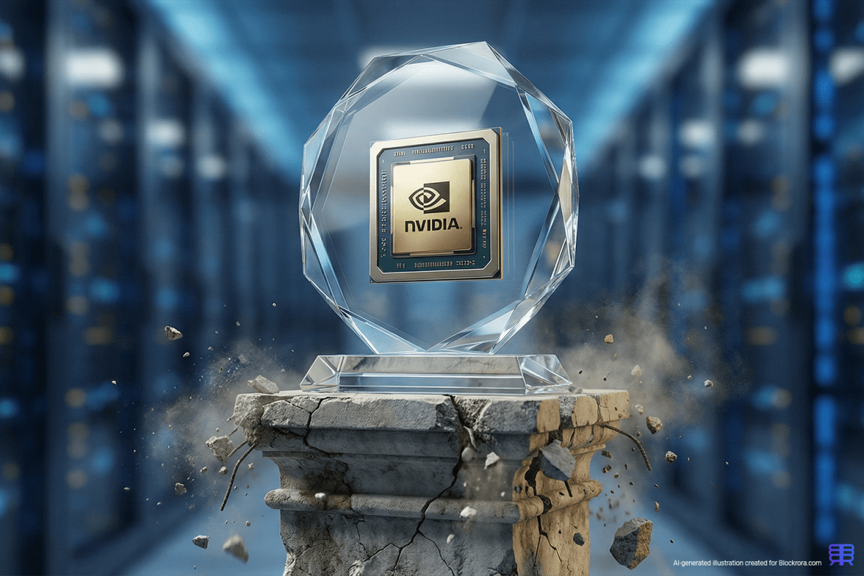 Nvidia GPU encased in glass atop a cracking stone pedestal in a futuristic server room, symbolizing fragile AI foundations.
