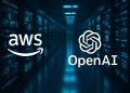 High-tech 3D render of an illuminated data center featuring AWS and OpenAI logos glowing among rows of blue-lit servers, symbolizing their $38B cloud compute partnership.