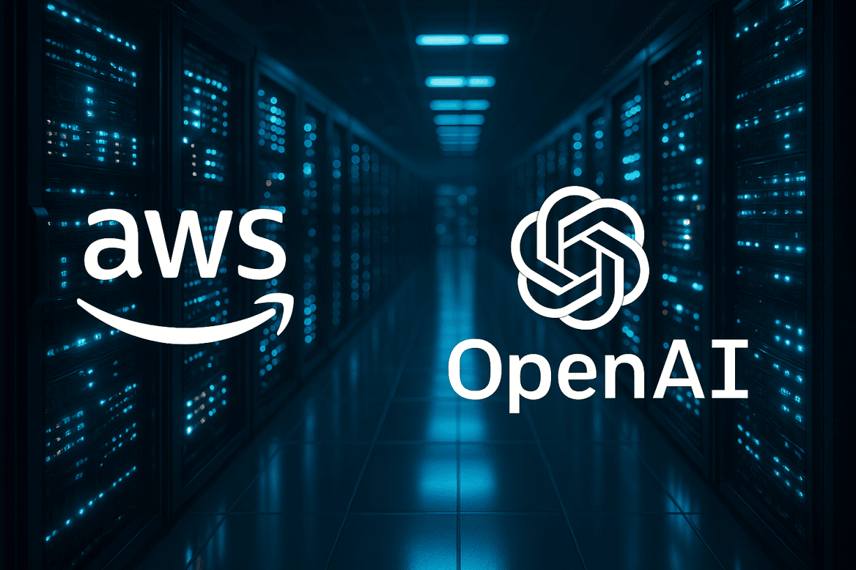 High-tech 3D render of an illuminated data center featuring AWS and OpenAI logos glowing among rows of blue-lit servers, symbolizing their $38B cloud compute partnership.