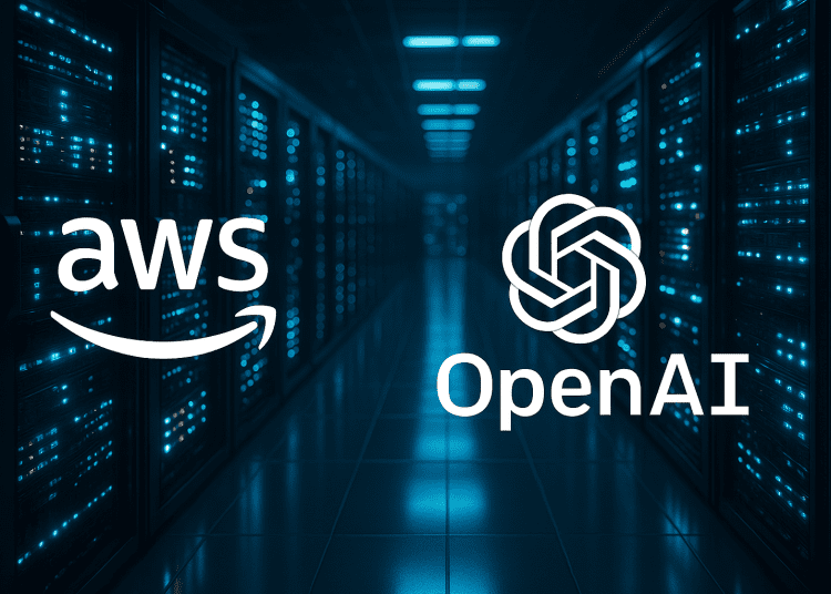 High-tech 3D render of an illuminated data center featuring AWS and OpenAI logos glowing among rows of blue-lit servers, symbolizing their $38B cloud compute partnership.