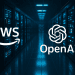 High-tech 3D render of an illuminated data center featuring AWS and OpenAI logos glowing among rows of blue-lit servers, symbolizing their $38B cloud compute partnership.