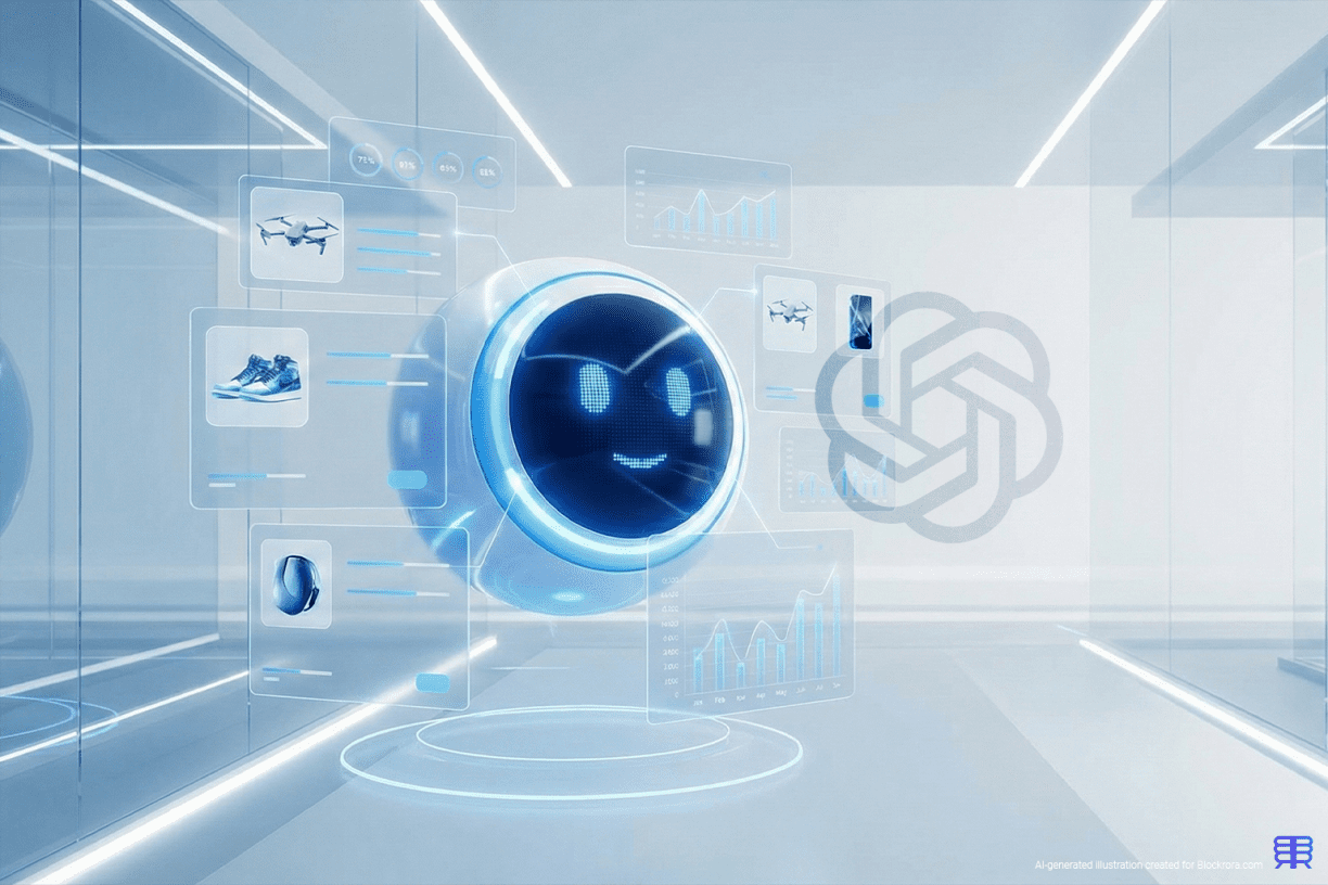 Futuristic 3D hero image of a friendly AI robot sphere surrounded by holographic data charts and product displays in a bright, modern technology corridor.